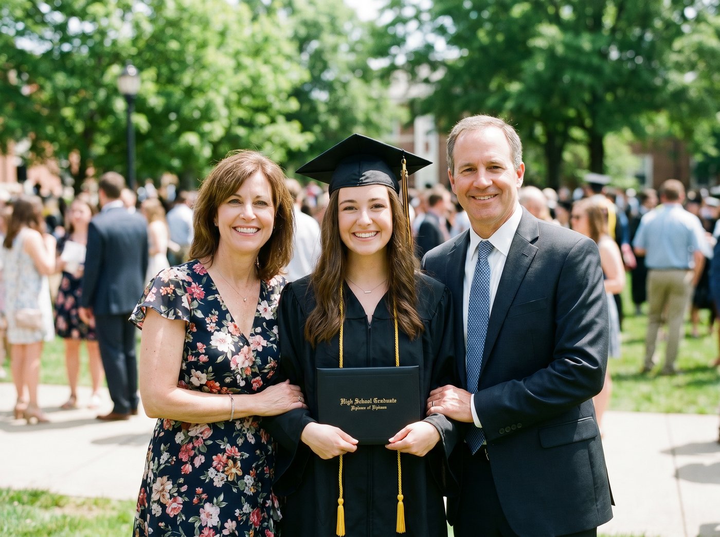 High school graduate in cap and gown with proud parents